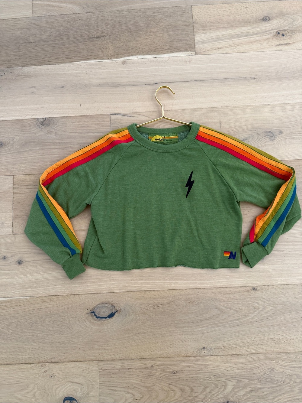 Aviator Nation Green Cropped Sweatshirt with Rainbow Sleeve Stripes
